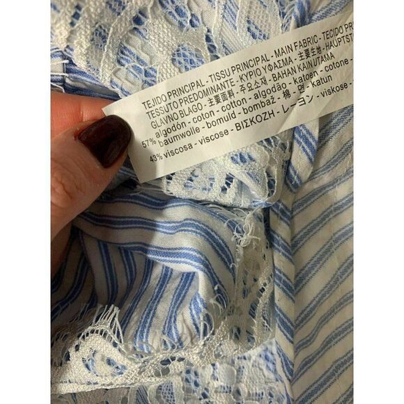 Zara Womens Blue White Striped Lace Long Sleeve Top Blouse Xs - Picture 6 of 7